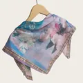 Elegant floral oil painting style square scarf in pink and blue lightweight soft cotton - 70cm / Lotus Pink