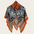 Elegant equestrian pattern silk cotton square scarf in vibrant orange and blue, 110cm - Equestrian Print Style (Bo110cm-9#) / 110cm