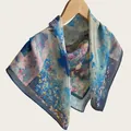 Elegant oil painting style cotton square scarf for women in blue and pink hues. - 70cm / Cloudy Blue