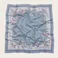 Detailed view of light blue floral print square scarf with wave-cut edges and voile fabric - 110X110CM / Blue Diamond Pattern Floral (Bo110cm-12#)