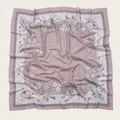 Detail view of square floral print scarf with elegant wavy scalloped edges - 110X110CM / Morandi Purple Plaid Floral (Bo110cm-13#)