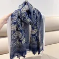 Elegant navy blue paisley print scarf shawl with tassels for women, lightweight - 180cm / Navy Blue Paisley