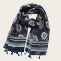 Elegant navy blue cotton linen shawl featuring white sunflower prints and blue tassels - 180cm / Sunflower
