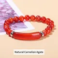 Natural red striped agate beaded bracelet with central curved tube and silver spacers - 8mm Beads 10*39mm Tube / Natural Red Striped Agate