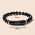 Simple black stone beaded bracelet featuring a 39mm long cylindrical focal element - 8mm Beads 10*39mm Tube / 7A Natural Black Agate