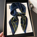 Elegant navy blue silk square scarf featuring golden vintage paisley pattern for women - Paisley Four-Dot Border 70cm Scarf / Black Blue