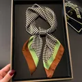 Elegant green and brown geometric print silk square scarf for women professional wear - Ring Mesh 70 Square Scarf / Greenish Brown