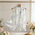 Close-up of French floral Georgette long scarf for women with blue border detail - French Floral Long Scarf / Twilight - Lily of the Valley