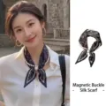 Elegant paisley silk scarf with magnetic pearl buckle shown on model and as detail - 6#- Paisley Black