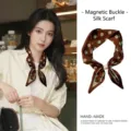 Elegant brown patterned silk scarf with magnetic pearl buckle shown on an Asian model - #3 - Brown Polka Dots