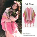 Ethnic style pink knitted poncho shawl with colorful stripes and tassels - Tops / 140x100CM / Pink