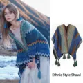 Ethnic bohemian style knitted shawl with colorful zigzag patterns and decorative tassels - Tops / 140x100CM / Lake Blue