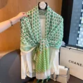 Elegant green and white floral print silk shawl with tassels for early autumn styling - 180cm / Avocado Green