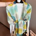 Soft lightweight scarf featuring a chic geometric circle print in vibrant yellow and teal shades - 180cm / Blue Planet