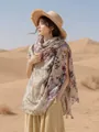 Elegant floral print cotton linen shawl with tassels for women in desert setting - 180cm / Ink Peony