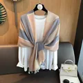 Elegant Maillard color block geometric printed scarf with decorative tassels for women - 180cm / Striped Grid