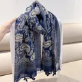 Elegant blue paisley pattern silk shawl with tassel trim for summer - 180cm / Navy Blue Paisley