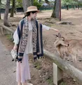 Ethnic style print cotton linen scarf shawl with tassels for women in navy and beige colors - 180cm / Black & White Ethnic