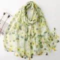 Elegant lightweight floral print scarf with decorative tassels in yellow and green. - 180cm / Lime Flower