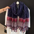 Elegant navy and red ethnic patterned cotton linen scarf shawl with decorative tassels for women - 180cm / Navy Blue and Red Floral