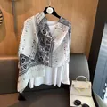 Elegant vintage style geometric printed silk scarf shawl in soft black and white fabric - 180cm / Boho