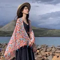Lightweight summer sun protection beach shawl with colorful leaf print and tassels - 180cm / Coral Orange
