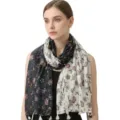 Elegant vintage floral print silk shawl scarf with tassels for women in navy and white - 180cm / Black and Beige Floral