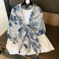 Elegant blue and white floral print gauze scarf shawl with decorative blue tassels for women - 180cm / Ink Blue Porcelain