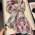 Bohemian floral cotton-linen scarf with colorful tassels for summer beach - 180cm / Pink Blue Print