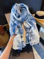 Summer lightweight blue floral silk scarf shawl with tassels for sun protection cover - 180cm / Blue Begonia