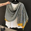 Elegant bohemian geometric print cotton linen shawl with blue and yellow tassels - 180cm / Blue Rhombus