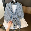 Light blue floral printed silk scarf shawl with elegant tassel detail for women's autumn style - 180cm / Floral Print