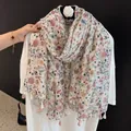 Floral print cotton linen scarf with elegant tassel trim in light pink - 180cm / Pink Flower Branch