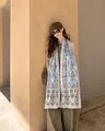Long lightweight ethnic print scarf with blue tassels for summer beach sun protection - 180cm / Cloud Pattern Totem