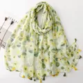 Floral lightweight summer shawl scarf with yellow and green tassels - 180cm / Lime Flower