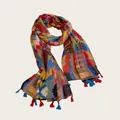 Bohemian style colorful geometric print cotton linen scarf with red and blue tassels - 180cm / Geometric Multicolor