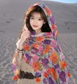 Elegant floral shawl with orange tassels for beach sun protection and summer air conditioning - 180cm / Sand Dune Sun Flower
