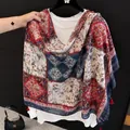 Elegant vintage style floral patchwork print lightweight scarf shawl in red and blue tones - 180cm / Navy & Red Wildflower