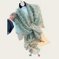 Elegant light green floral cotton linen scarf with pink tassels for women's sun protection - 180cm / Pastoral Pink & Green Floral