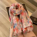 Lightweight floral print summer scarf shawl with decorative orange tassels for women - 180cm / Pink Lady