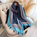 Elegant vintage floral print lightweight silk scarf shawl with blue tassels for women - 180cm / Literary Style Floral