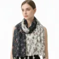 Elegant women's floral shawl scarf with decorative tassels in dark blue and white - 180cm / Black and Beige Floral