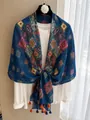 Elegant blue patterned cotton linen scarf shawl with tassels for women, summer beach wrap - 180cm / Blue Paisley