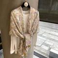 Elegant floral printed silk scarf shawl with tassels in warm Maillard colors for women - 180cm / Beige Floral