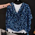 Elegant ethnic style blue leaf print shawl scarf with tassels for travel sun protection - 180cm / Ink Orchid Whispers