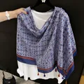 Blue geometric patterned cotton linen scarf shawl for women with tassels - 180cm / Purple Floral Porcelain