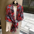 Elegant vintage red and blue geometric printed scarf shawl featuring delicate tassel fringe - 180cm / Geometric Red & Grey