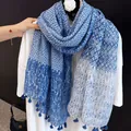Ethnic style blue and white printed shawl scarf with tassels for outdoor sun protection - 180cm / Blue Totem