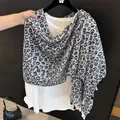 Lightweight blue leopard print shawl scarf with elegant tassels for autumn fashion styling - 180cm / Black & Beige Small Leopard