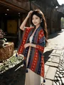 Bohemian ethnic style printed cotton linen shawl scarf with elegant blue tassels - 180cm / Dunhuang Red